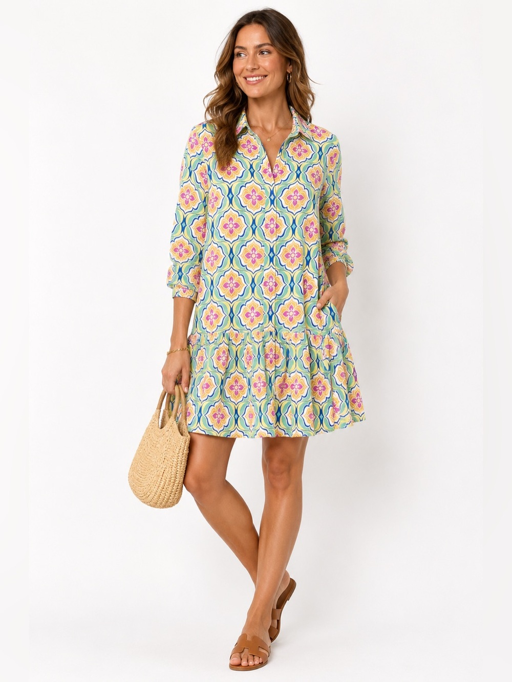 TU Woman 16 Geometric Floral Shirt Dress Multicolor Button Front Ruffle Hem